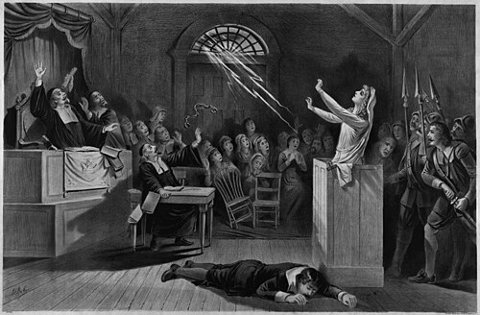 Historical illustration of a Salem witch-trial hearing