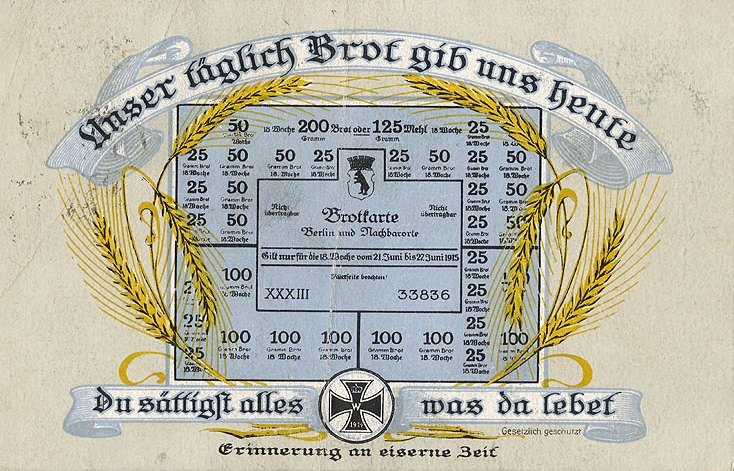 A postcard showing a Berlin bread ration card, circa 1915 — wartime food context