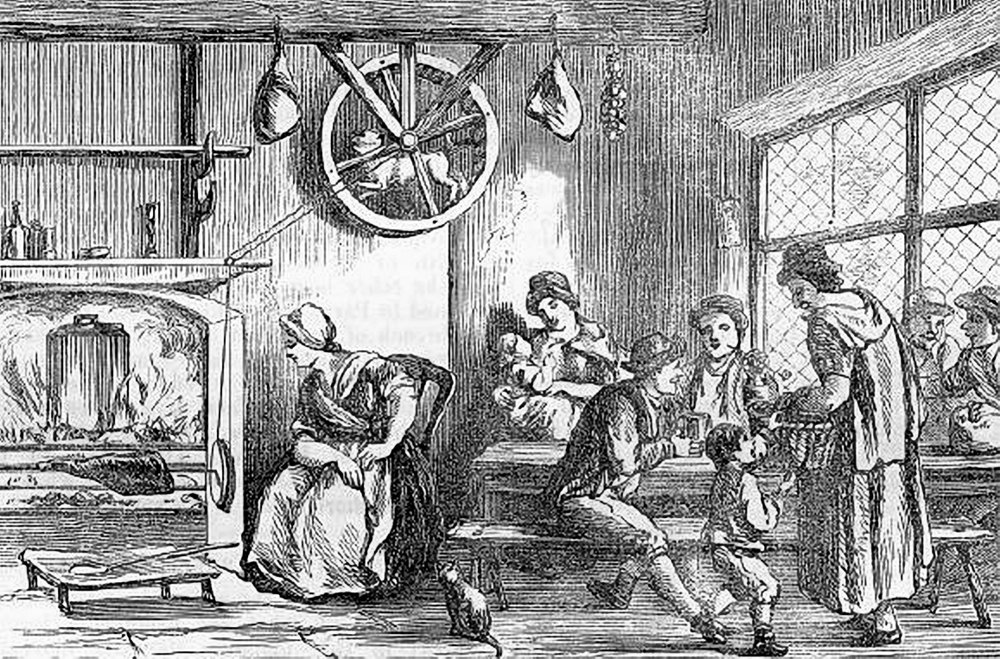 Historical illustration of a dog powering a roasting spit