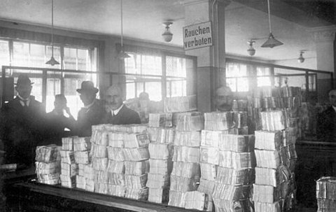 German banknotes being handled during the hyperinflation era
